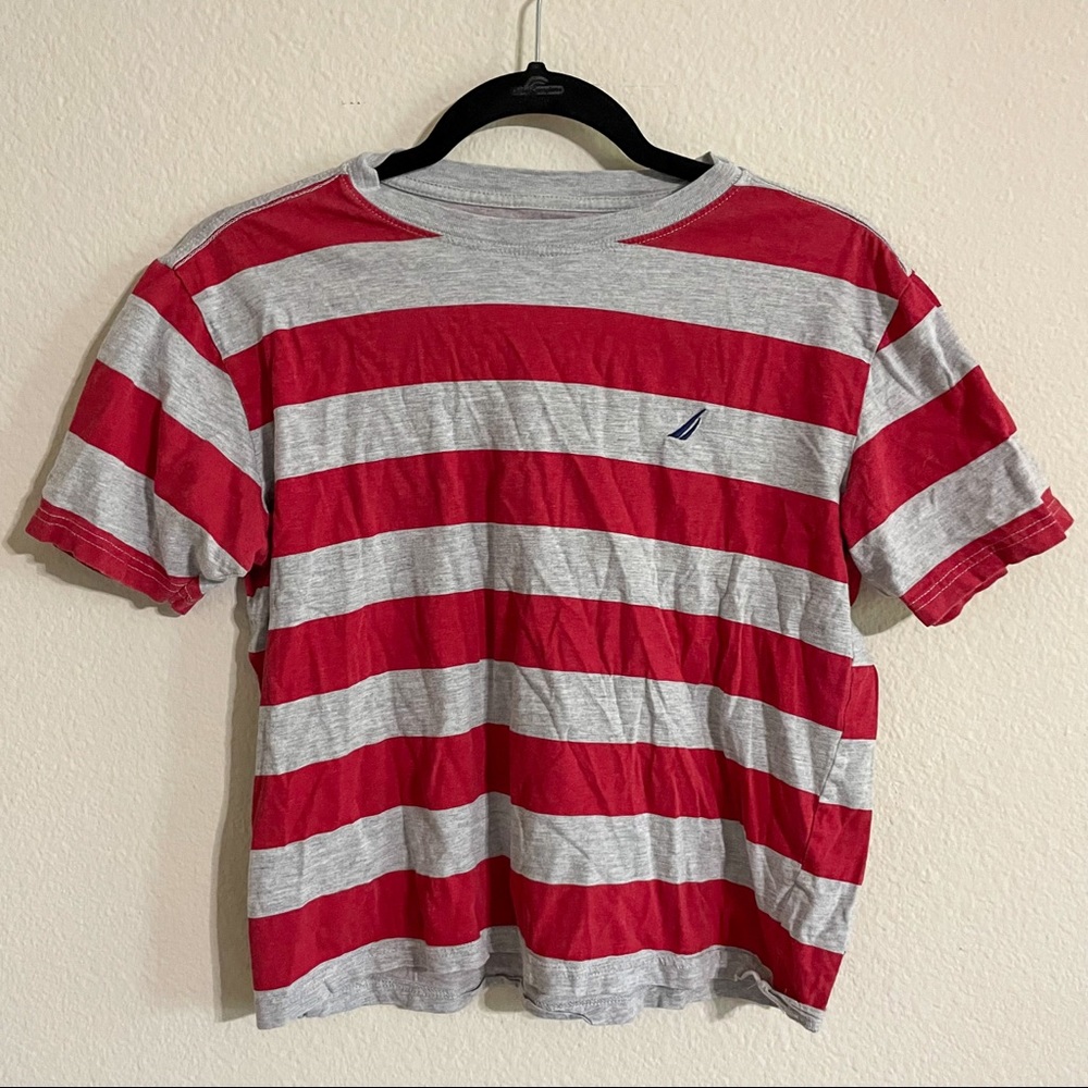 Náutica boys kids t shirt gray and red stripes size L 14/18
